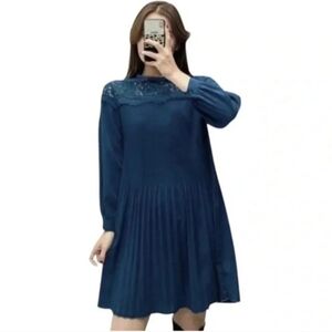 Zara Navy Blue Pleated Lace Long Sleeeves Shift Mini Dress Women's Size Small